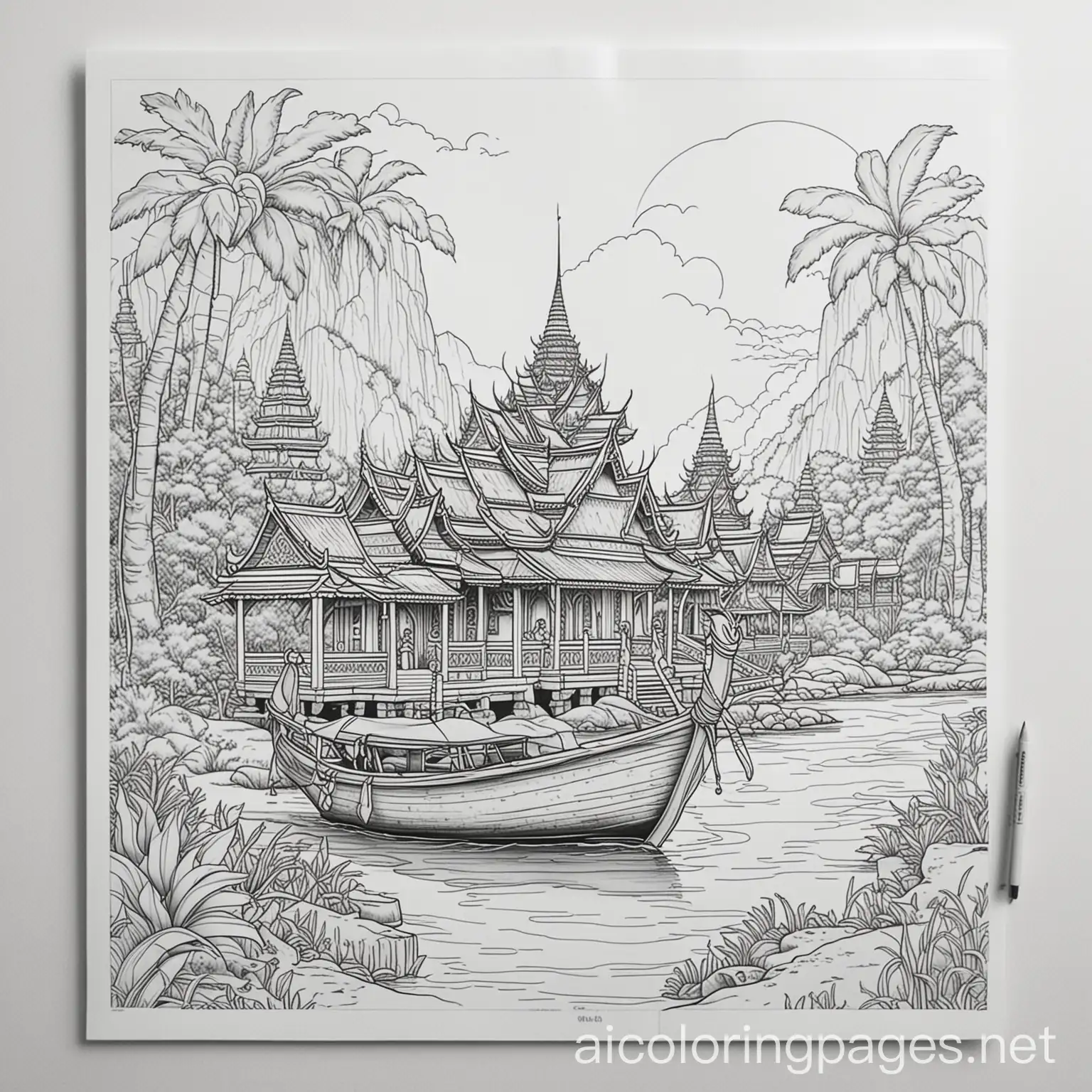 Thailand, Coloring Page, black and white, line art, white background, Simplicity, Ample White Space. The background of the coloring page is plain white to make it easy for young children to color within the lines. The outlines of all the subjects are easy to distinguish, making it simple for kids to color without too much difficulty