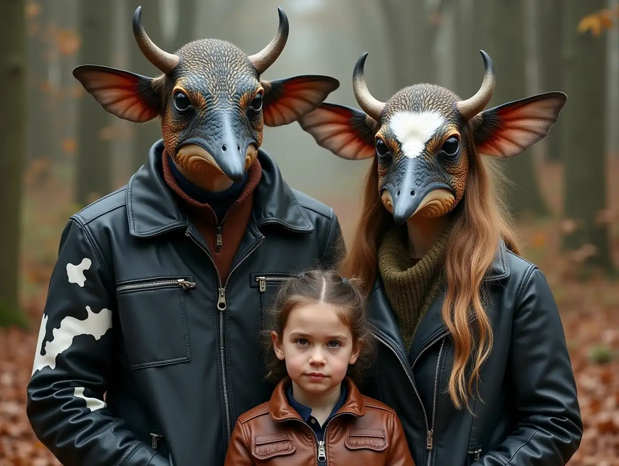 CI-Fantasy Family, Man, Woman, and Children, with Ears and giant Hummingbird Face with and black- and white Leather Coat, Cow Pattern in 4k