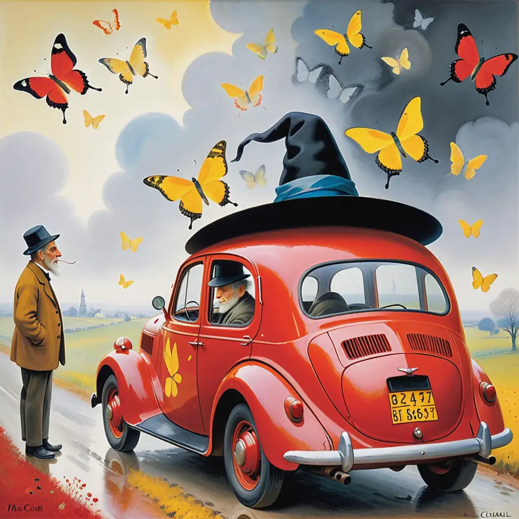 Old-Priest-Driving-Red-Car-Surrounded-by-Yellow-Butterflies-in-Foggy-Weather