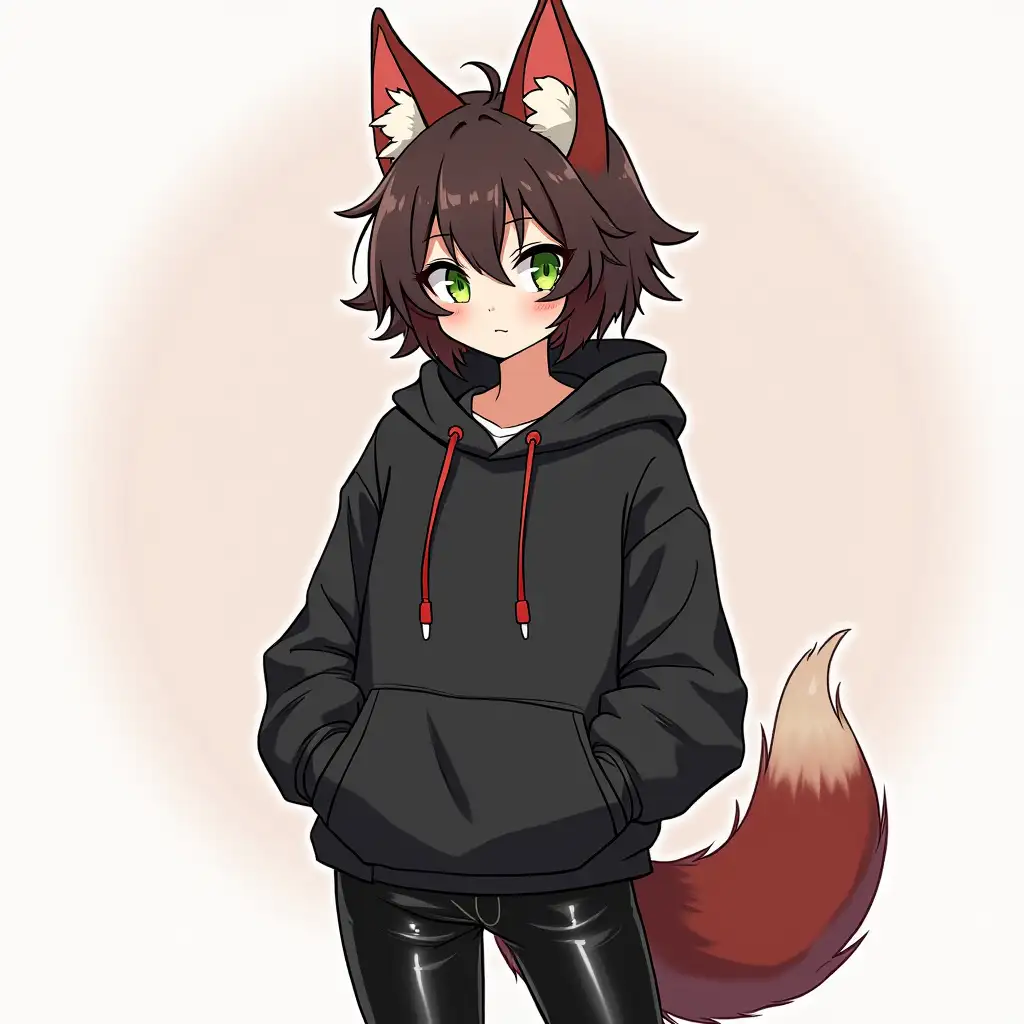 sketch, simple lines, manga key visual of an Anthropomorphic fox artist with short dark brown hair and green eyes, wearing a black hoodie and leather pants. Only use Black, red and grey color pallet. official media, trending on pixiv