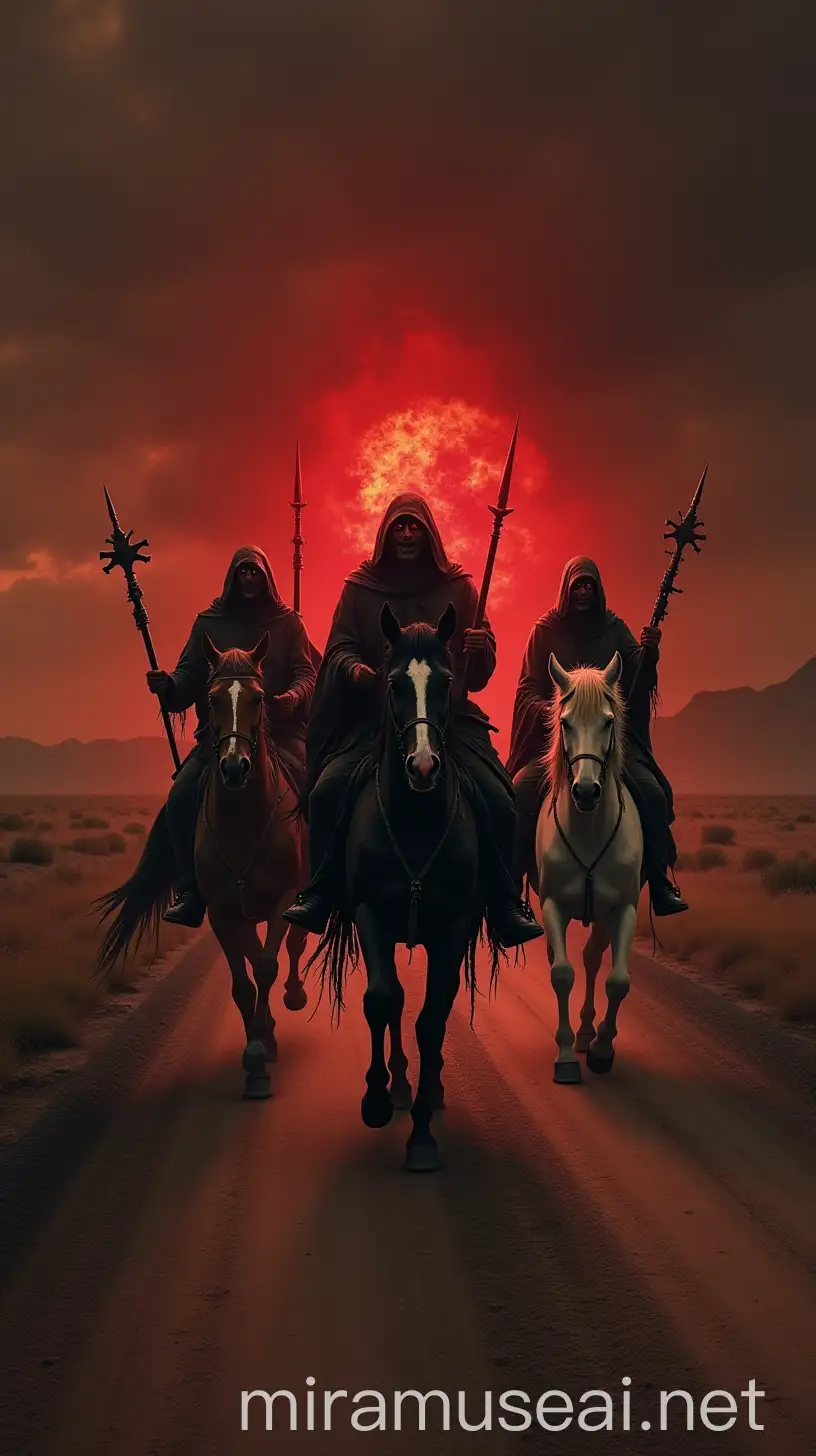 Three Apocalyptic Horsemen Riding Down a Desolate Road