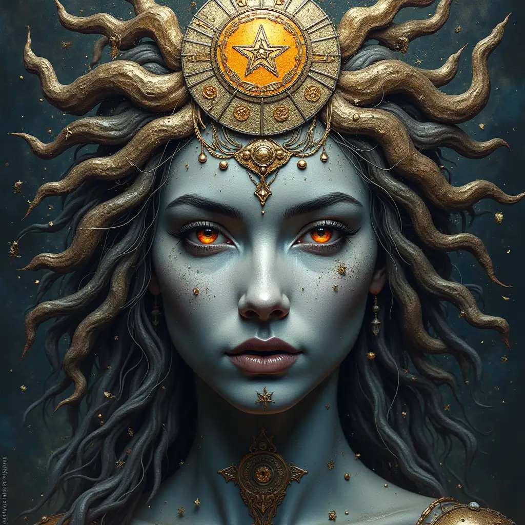Goddess-with-Metallic-Textures-and-Enigmatic-Symbols-in-Cosmic-Landscape