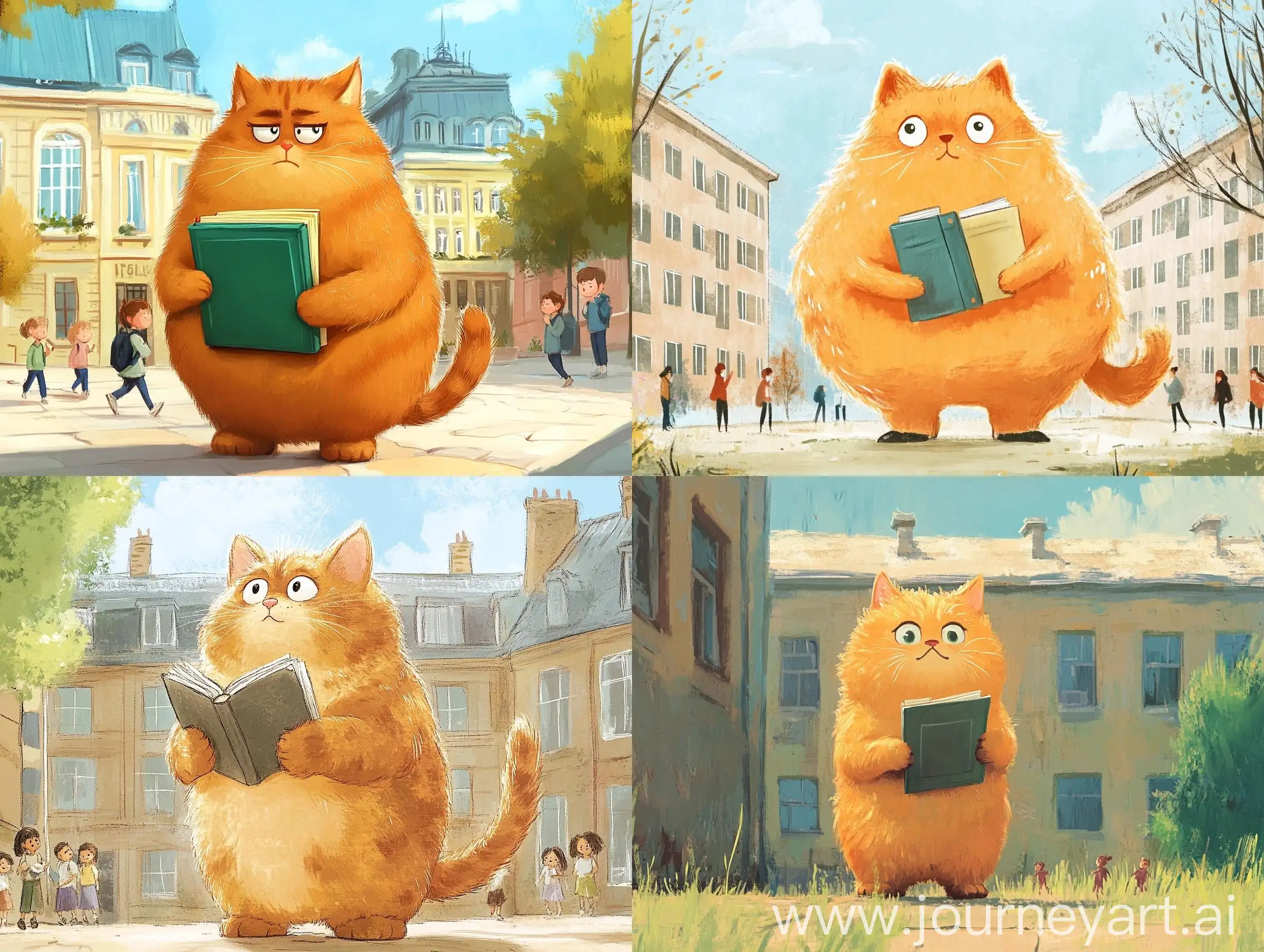 Anxious-Ginger-Fat-Cat-with-Textbooks-at-Schoolyard