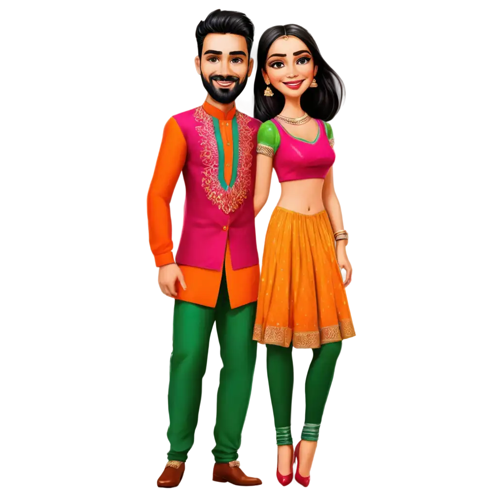 FullLength-Caricature-of-a-Couple-in-Colorful-Indo-Western-Dress-HighQuality-PNG-Image