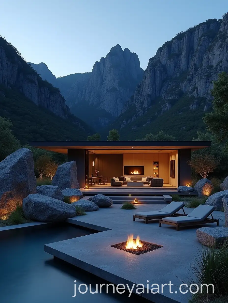 Modern-Glass-Rock-Garden-Roof-with-Fire-Pit-and-Infinity-Pool-at-Night