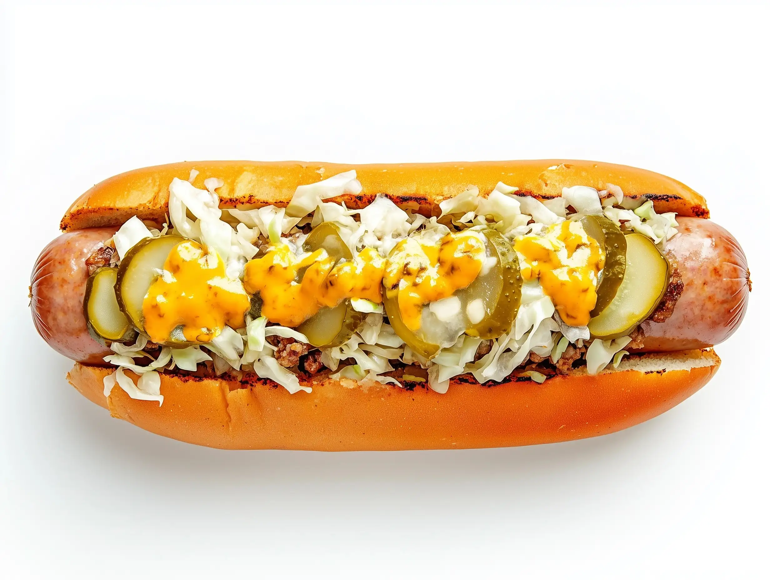 Sliced-Sausage-Stuffed-with-Cabbage-Pickles-and-Cheese-on-White-Background