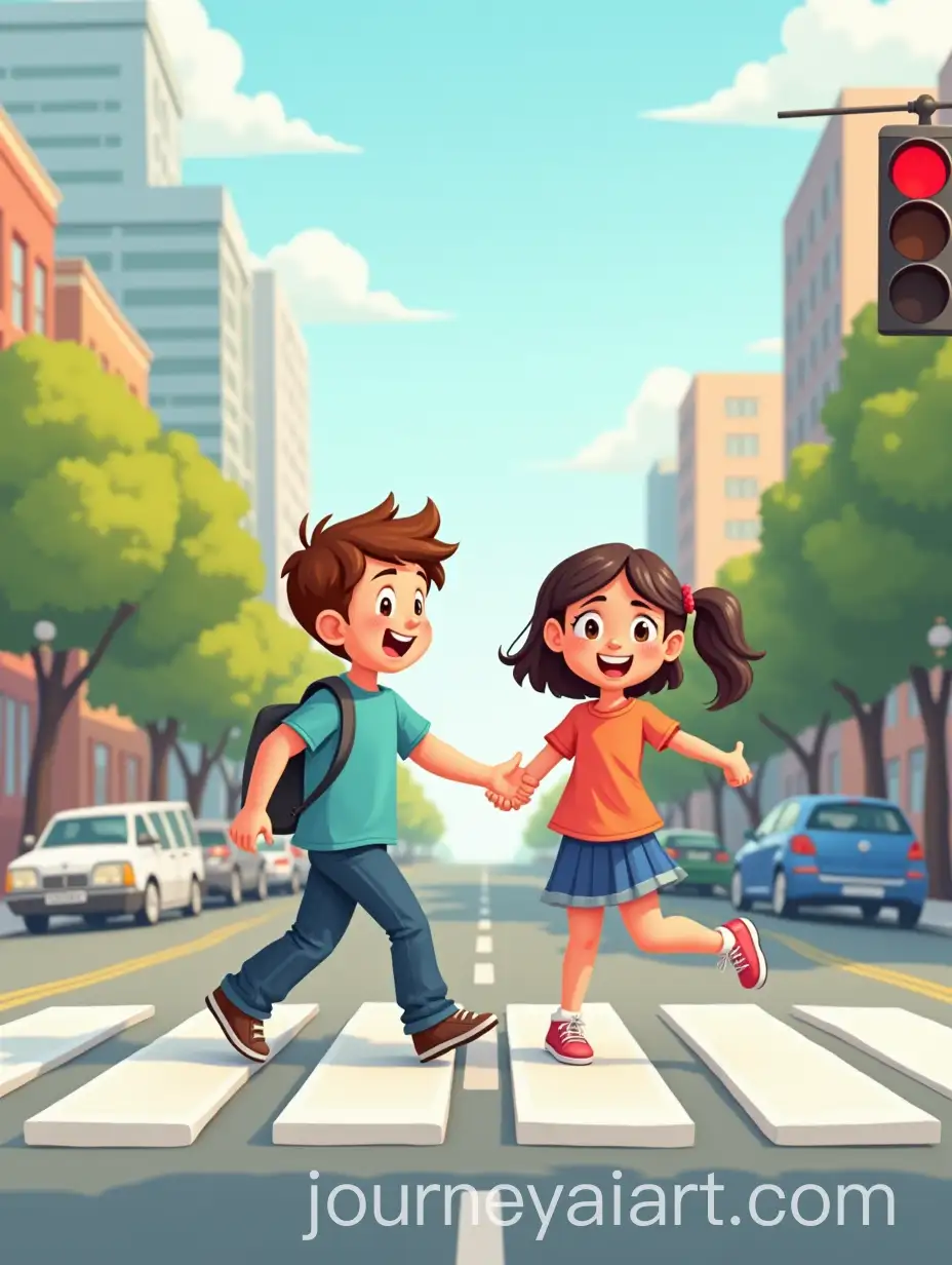 Happy-Kids-Crossing-the-Road-on-a-Red-Light-in-a-Cartoon-City