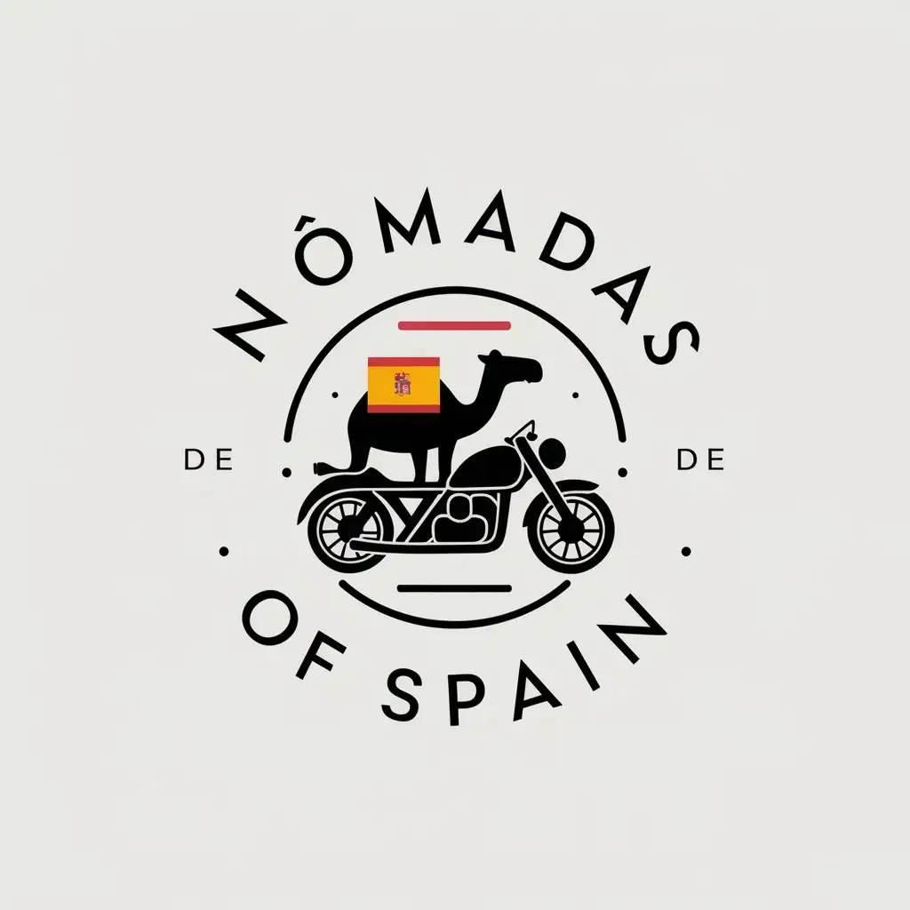 LOGO Design For Nmadas of Spain Minimalistic Vector Logo with Camel Riding Motorcycle and Spanish Flag