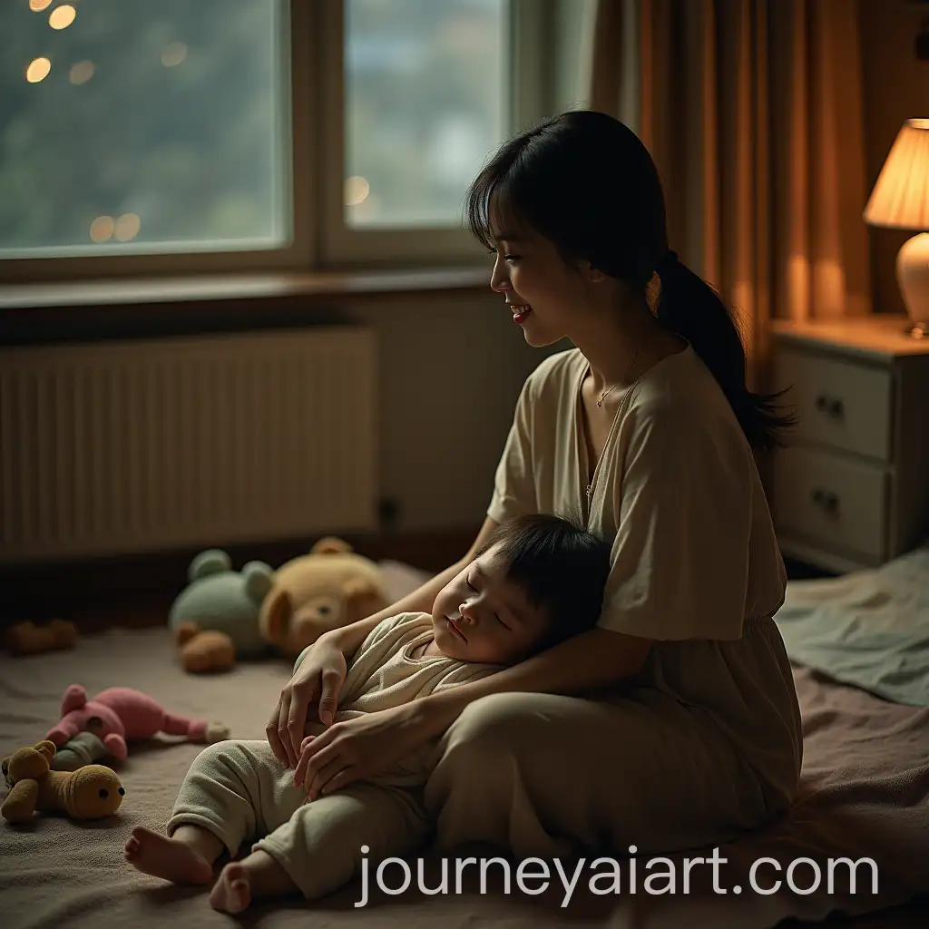 Mother-Cradling-Sleeping-Child-in-Cozy-Bedroom-with-VintageAI-Image-Prompt-Expansion-2000s-Aesthetic