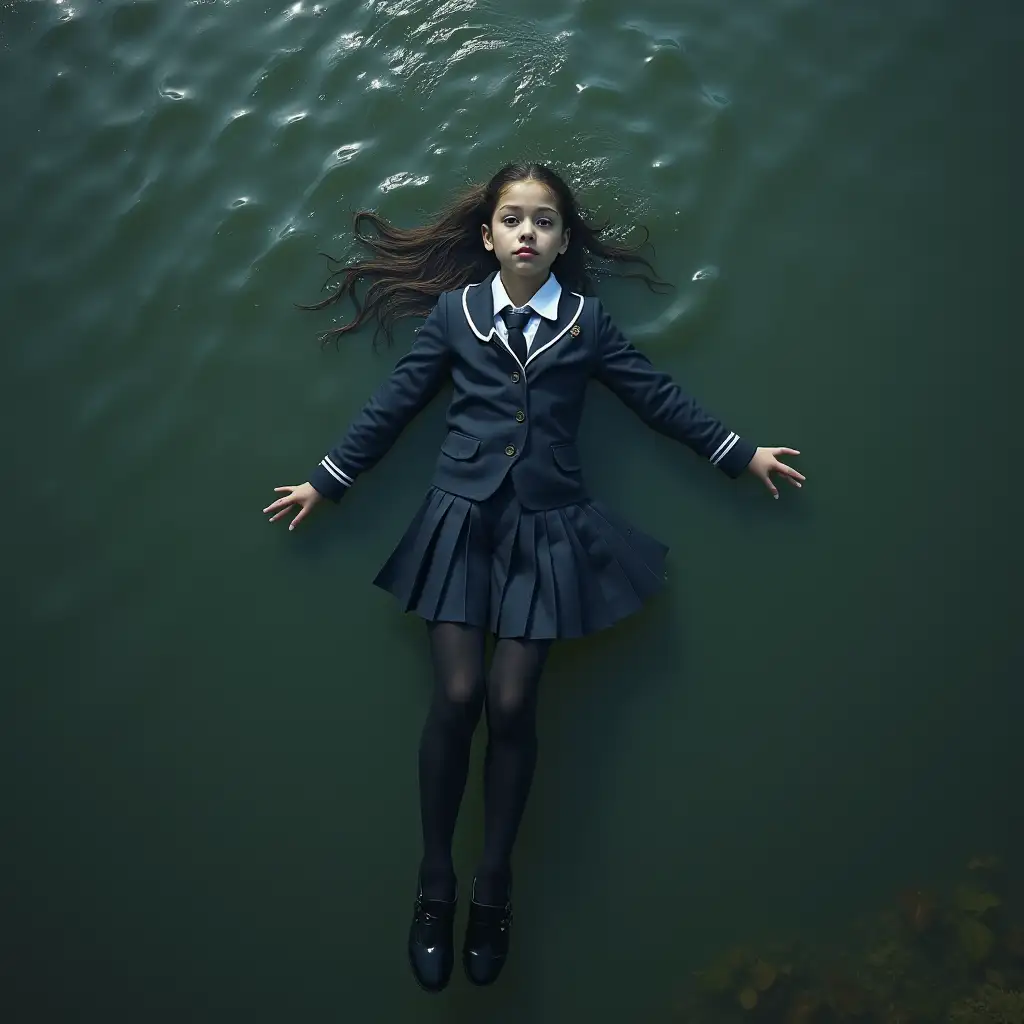 A young schoolgirl in a school uniform, in a skirt, jacket, blouse, dark tights, high-heeled shoes. She is swimming in a swamp, lying underwater, all her clothes are completely wet, wet clothes stick to her body, the whole body is underwater, submerged in water, under the surface of the water, below the water's edge.