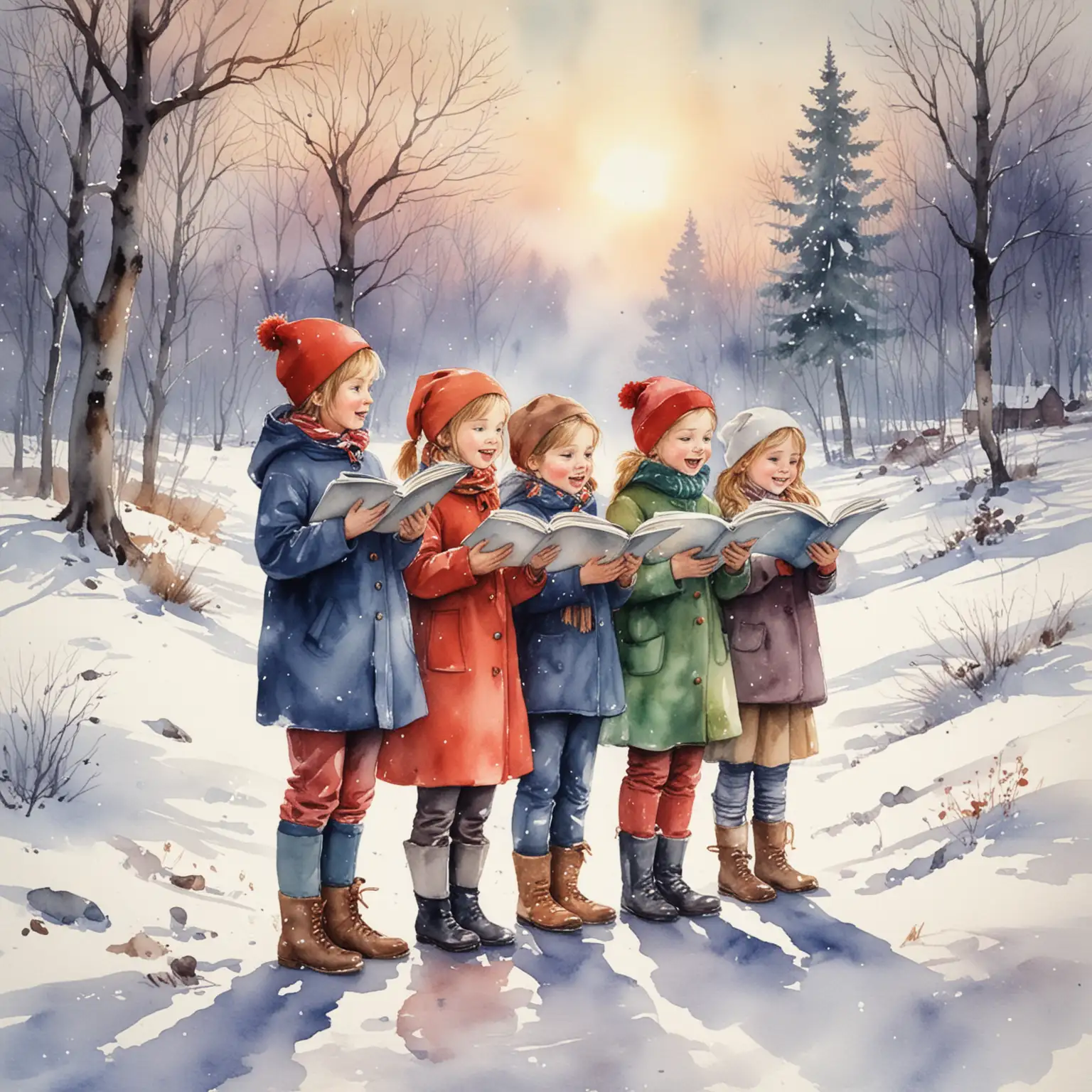 Children Singing Christmas Carols in Watercolor Winter Landscape