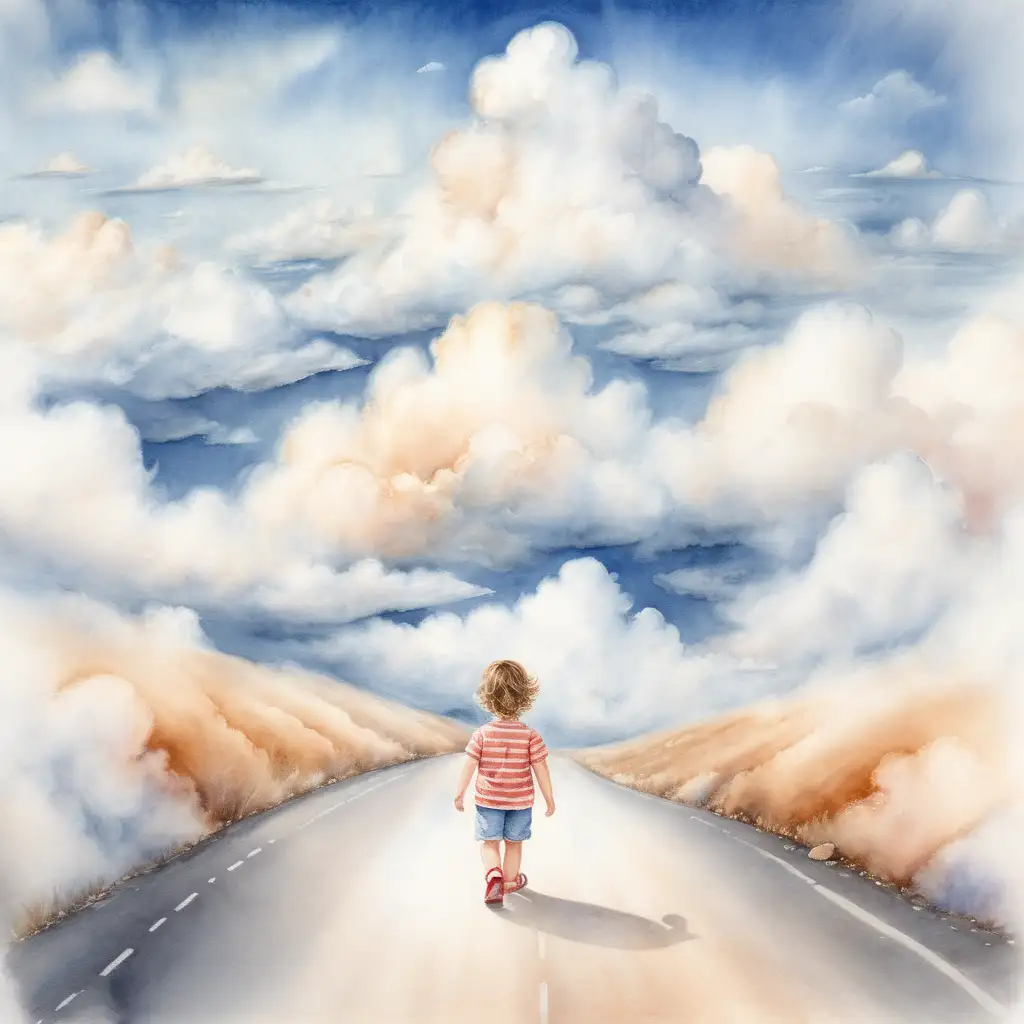 Child Walking on Cloud Road to Heaven in Watercolor