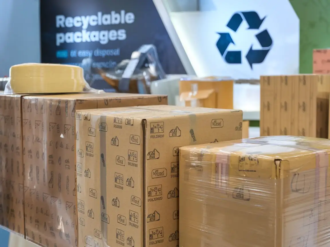 Demonstration of logistic parcels, packaging effect of adhesive tapes, and showing the high adhesion of adhesive tapes. Easy recycling process of recyclable tape and easy disposal at recycling stations