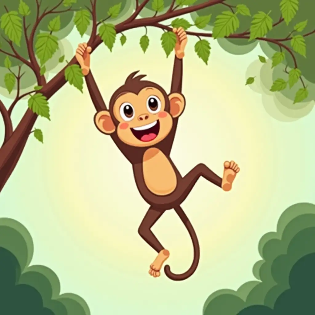 Cute-Cartoon-Monkey-Swinging-from-Vine-in-Jungle-Setting