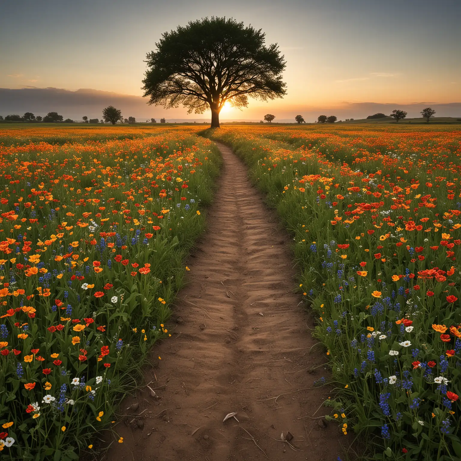 Resilient Tree in Dawn Light with Blooming Wildflowers