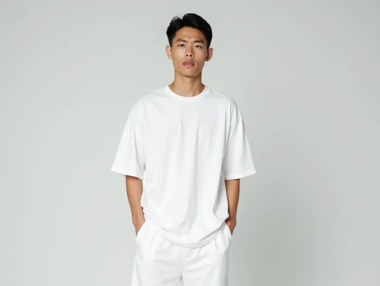 an asian man model wearing white oversized t-shirt and white sweatpants.