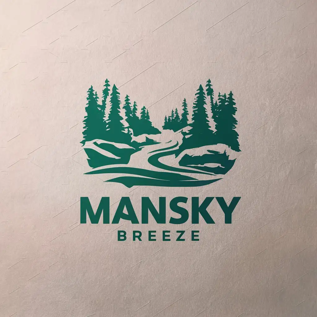 a logo design,with the text "Mansky breeze", main symbol:river taiga forest rocks,Moderate,be used in Tourism industry,clear background