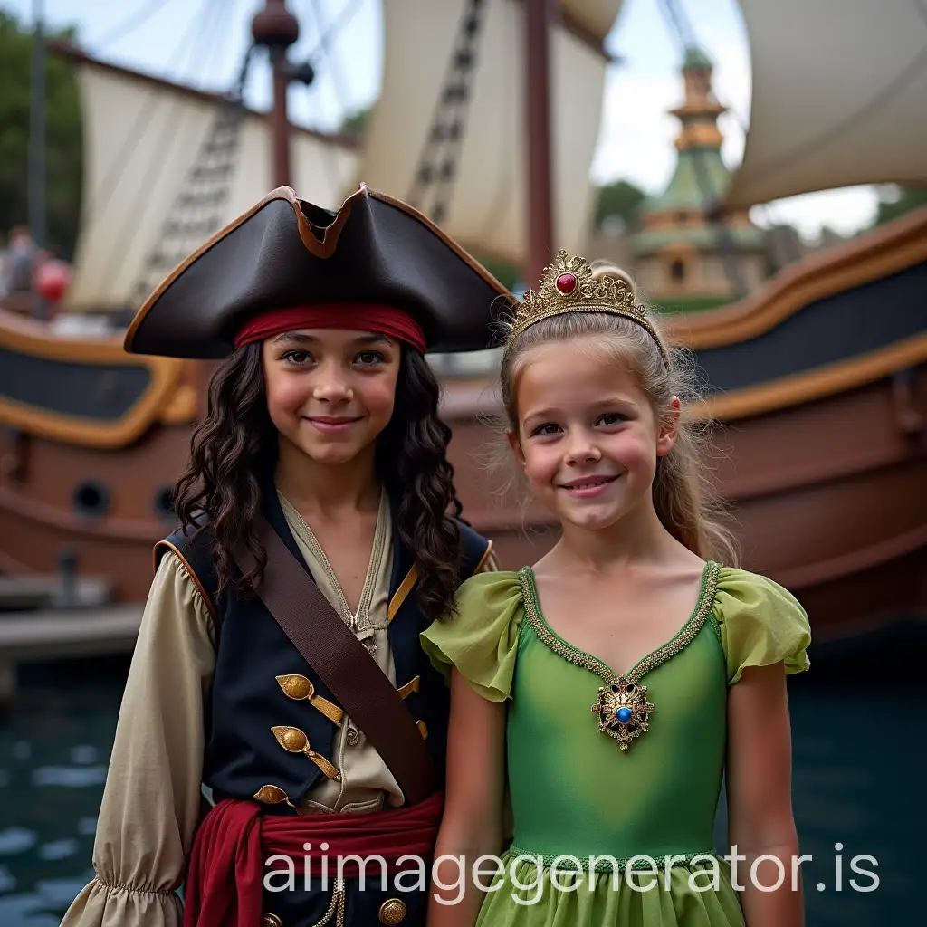 11YearOld-Child-with-Jack-Sparrow-and-Tinker-Bell-in-Front-of-Pirates-of-the-Caribbean-Ride-at-Disneyland