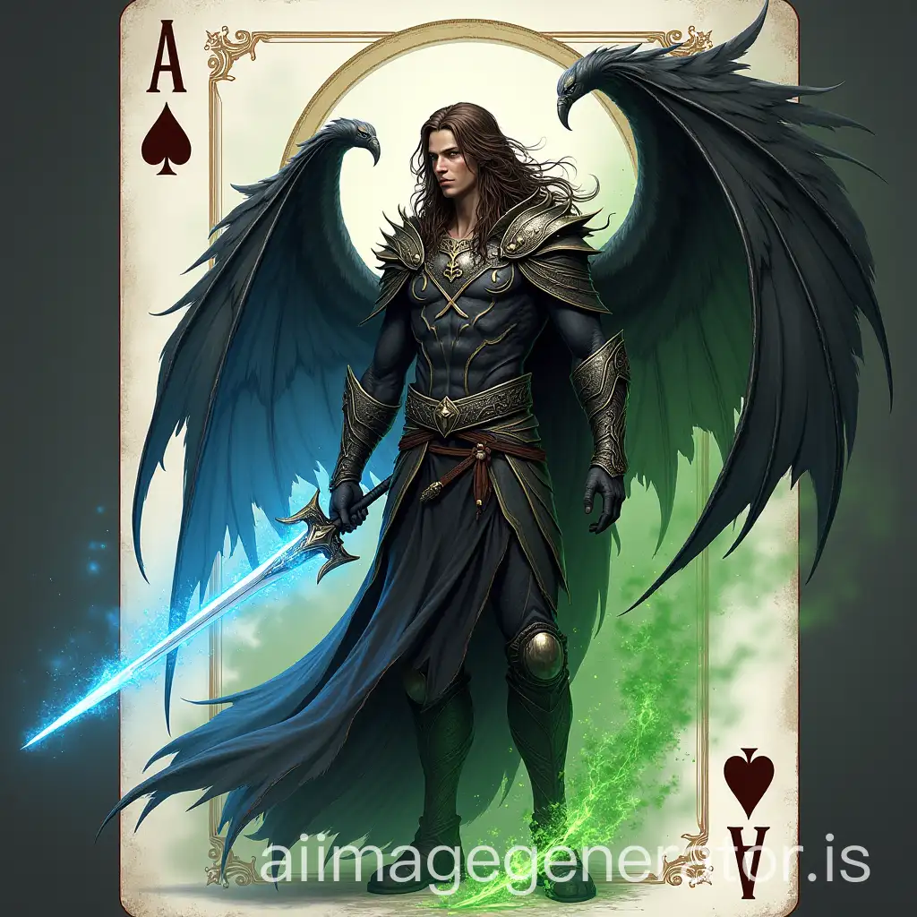 A POKER CARD WITH A DARK MALE WARRIOR WITH LONG BROWN HAIR AND METALLIC WINGS AND A BLUE FLAME SWORD ON ONE DIAGONAL HALF AND THE OTHER HALF ANOTHER DARK MALE SERAPH WITH BAT WINGS AND A GREEN FIRE TRIDENT