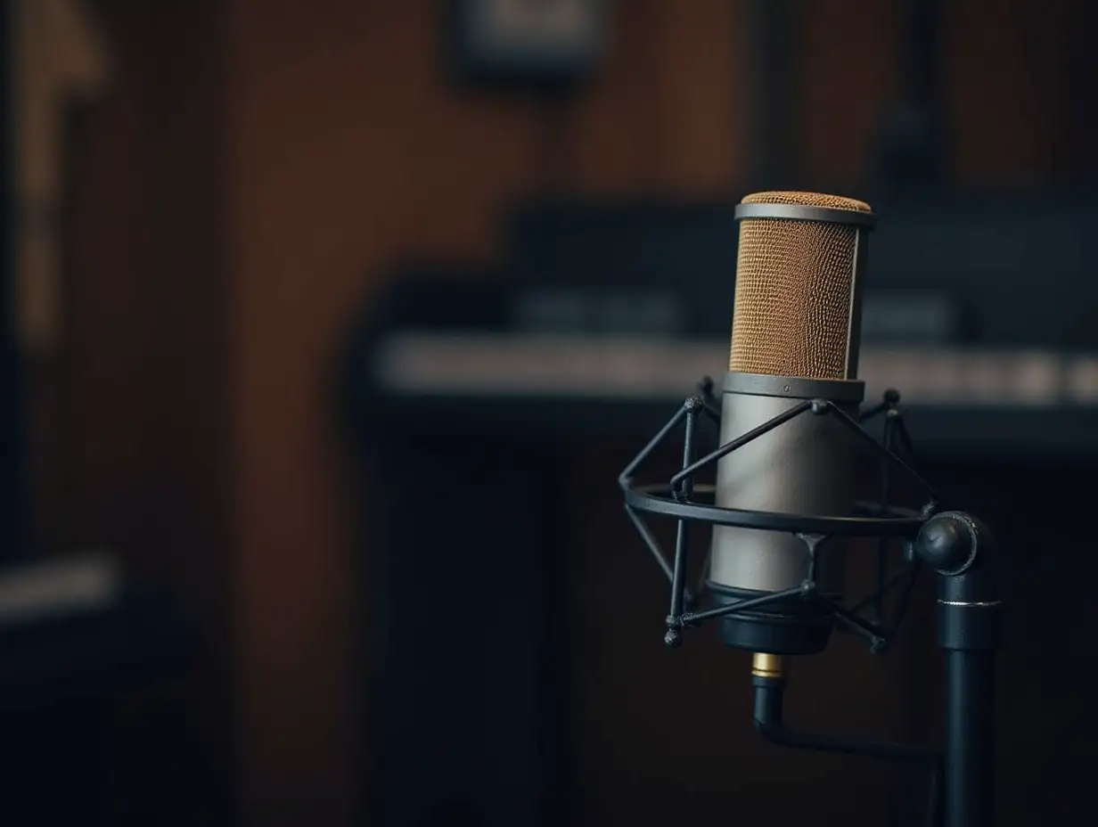 Studio equipment image featuring a microphone and blurred background