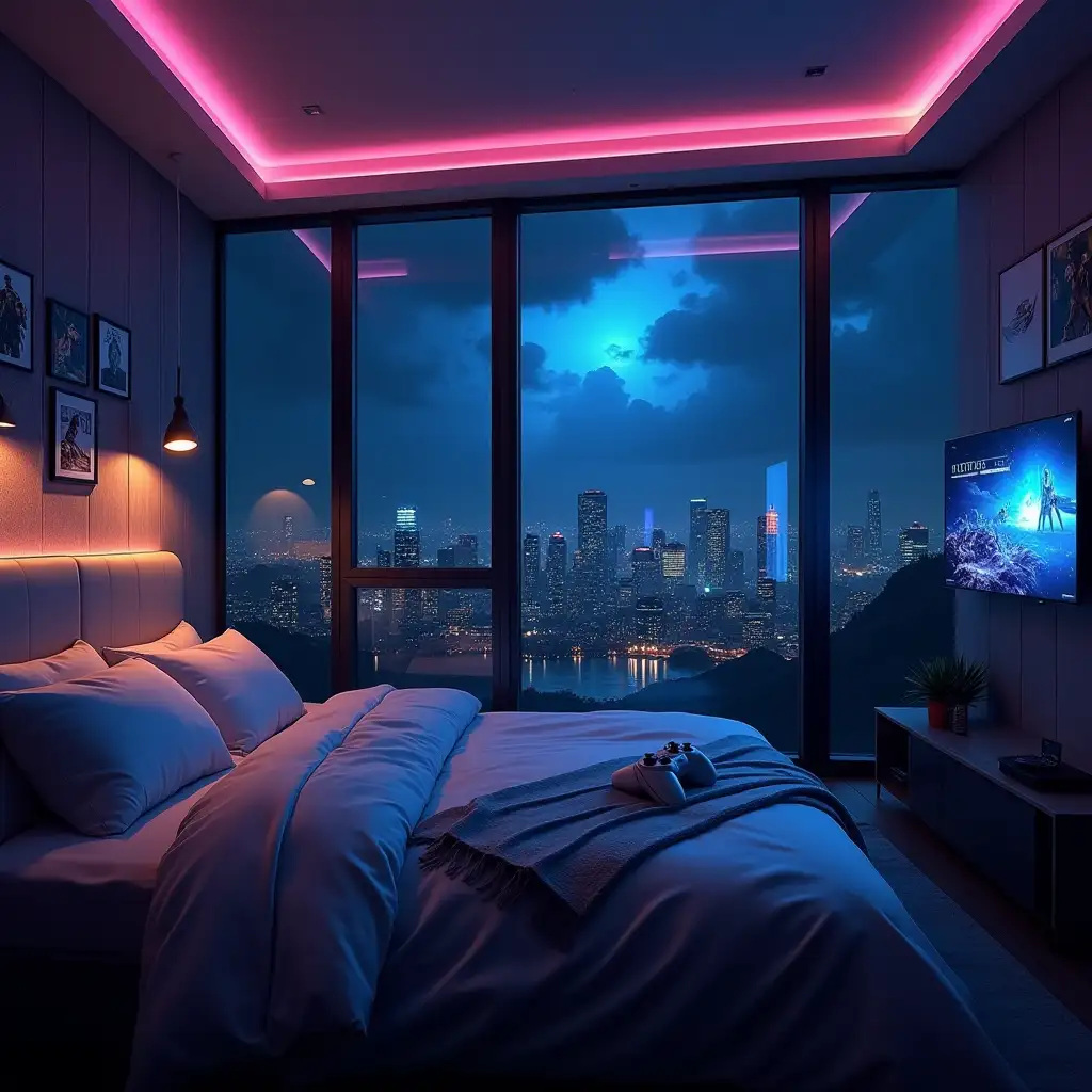 Make an 4kHD quality aesthetic room with bright aesthetic lightning and a dark view of glowing city with lights with dark horror clouds but not raining  from a wide glass window, room with a double bed and a white gaming joystick on the bed,on the front of bed a wall with large tv with ps5 playing some cool game and rgb lights in the room and a gaming chair in front of tv. Add cold golden light on the top 4 corner of room and a light blue light from the Behind of bed