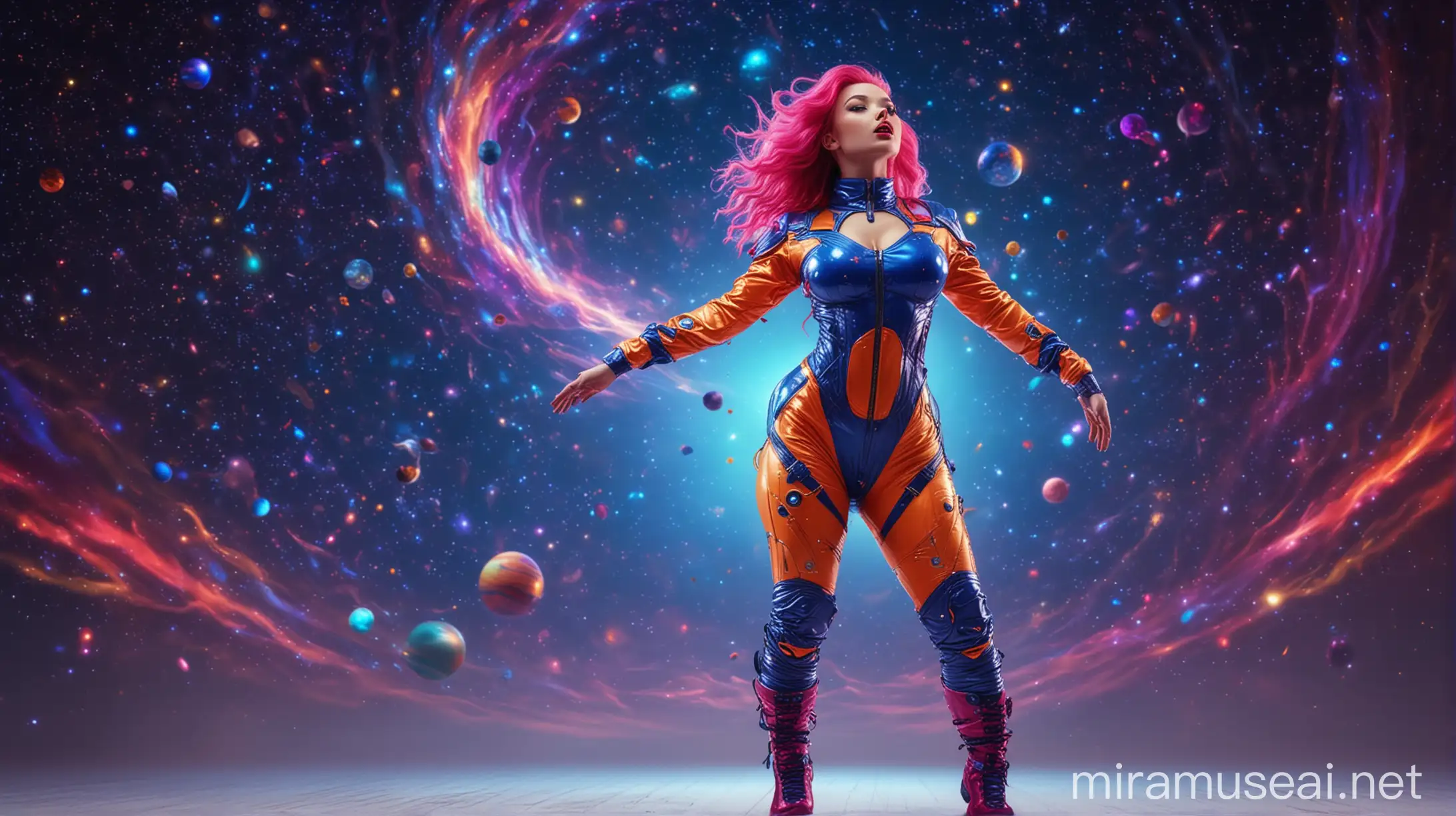 Curvy Fitness Model Dancing in a Futuristic Spacesuit Under a Colorful Night Sky