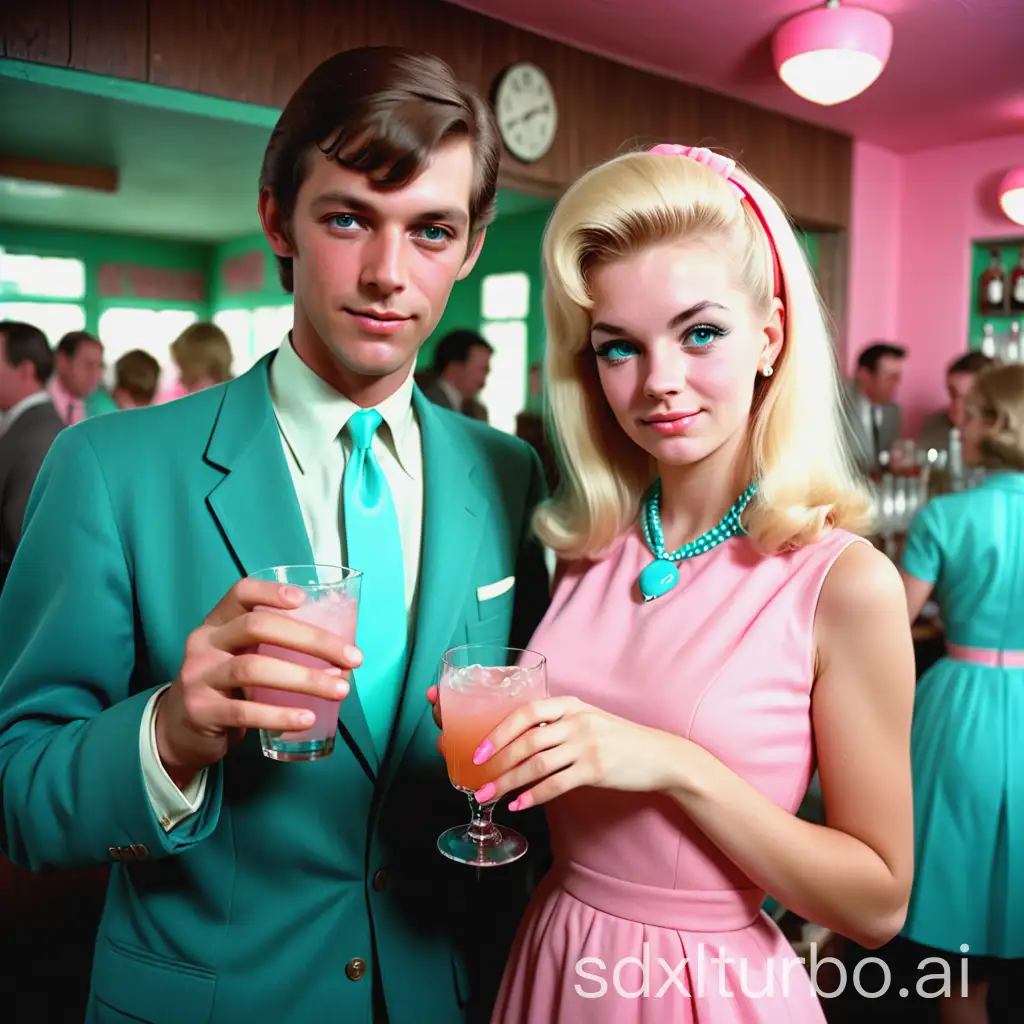 handsome folk music pair from the 1960s, brown-haired man in his 20s in a suit with a turquoise tie and younger blonde woman in a pink dress with drinks in her hand looking at the camera