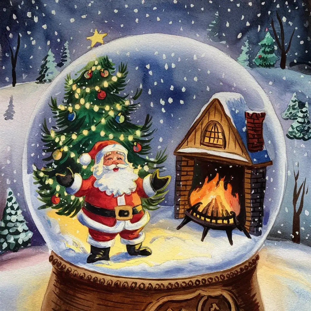 Christmas Snowglobe Featuring Santa Claus and a Festive Fireplace