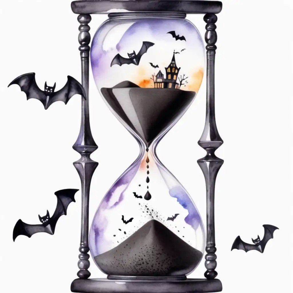 Aesthetic Watercolor Halloween Style Hourglass with Flying Bats