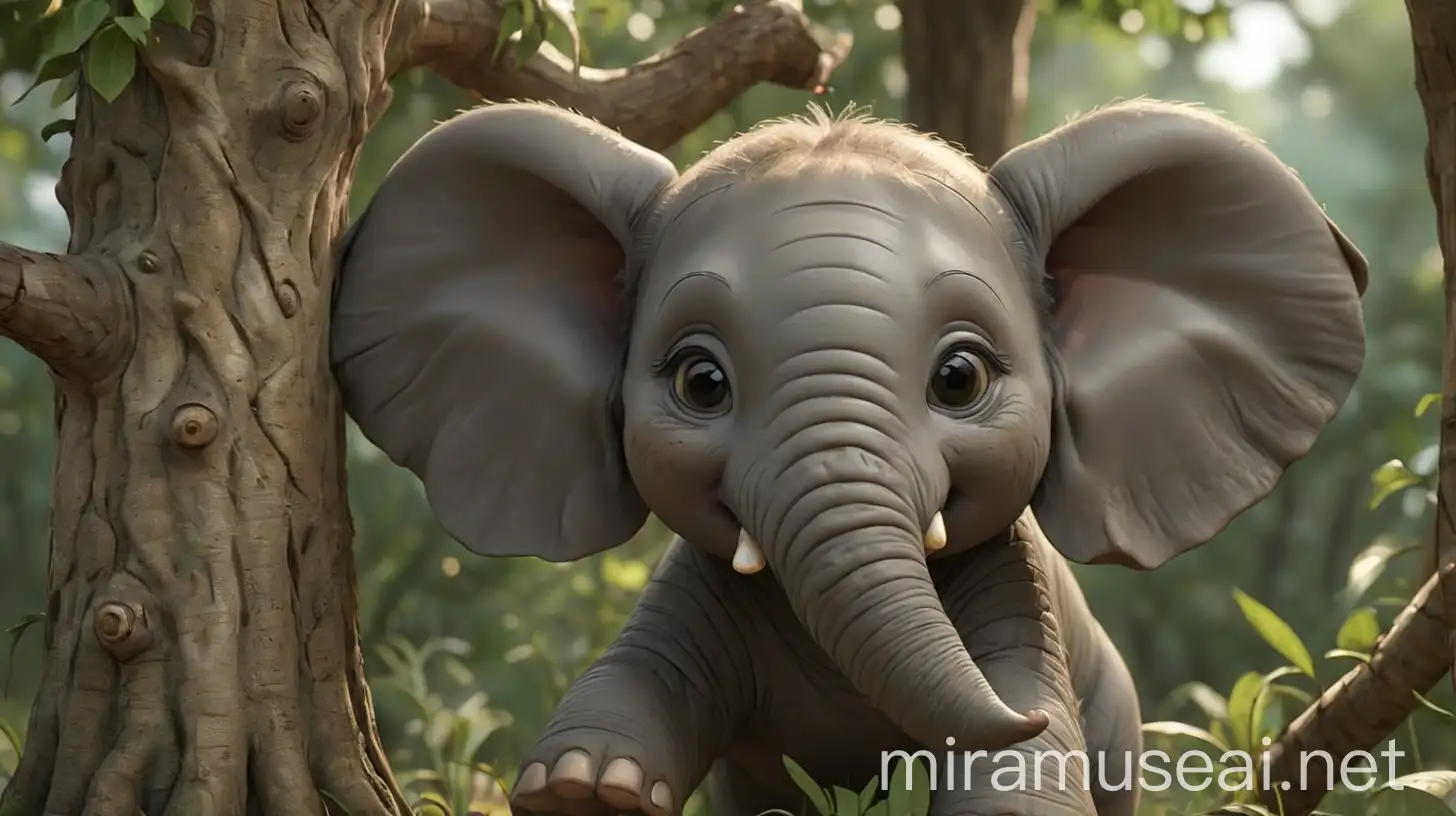 Cute Baby Elephant in 3D Animation Playfully Interacting with a Tree