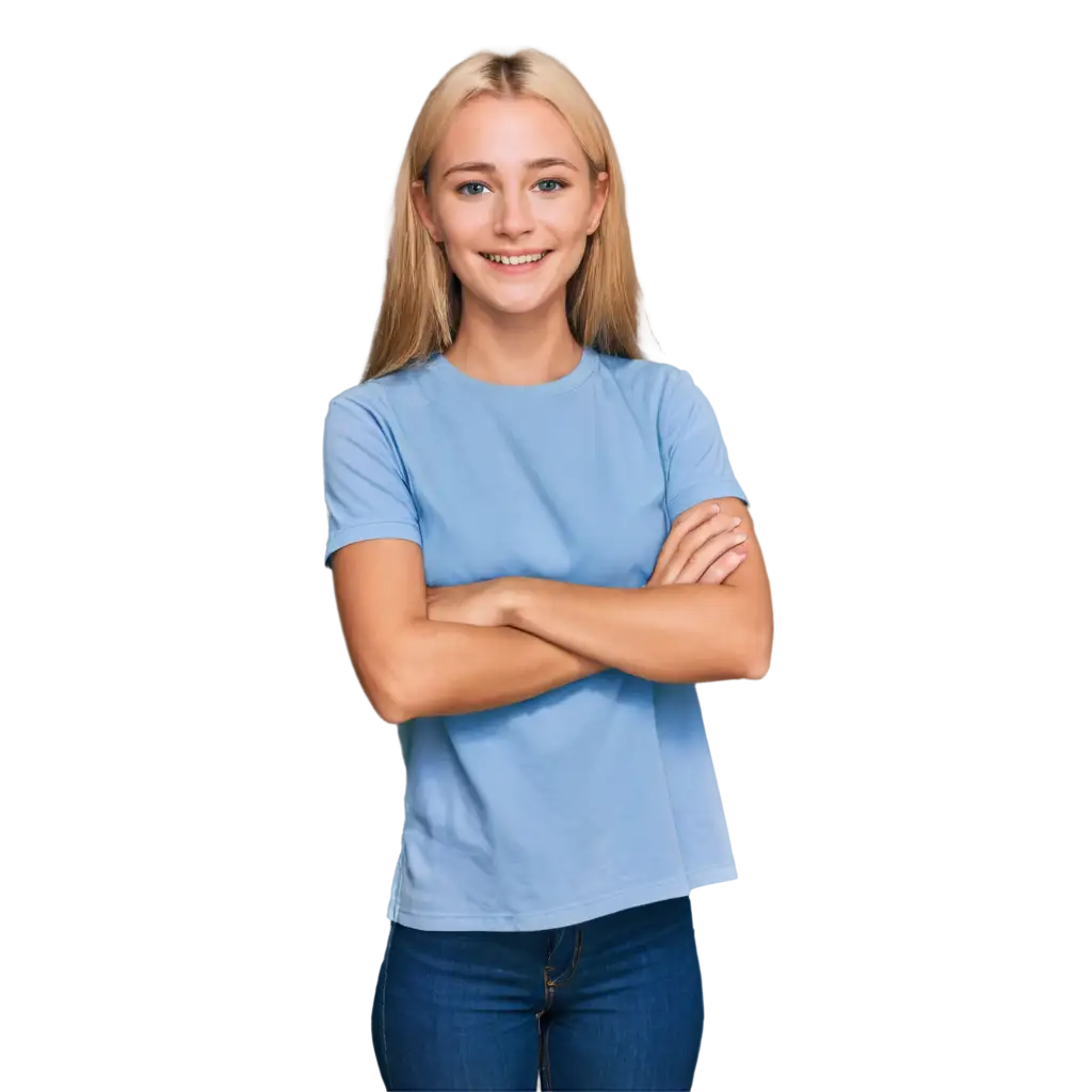 Smiling-Blonde-Girl-in-Classic-Blue-Shirt-PNG-Image-Capturing-Timeless-Elegance