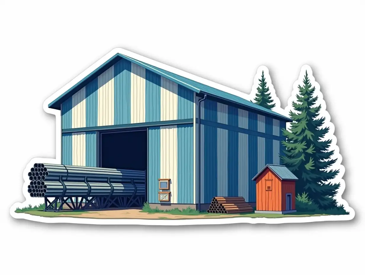 a curved cut-out laminated sticker with an image of an industrial factory building painted in alternating blue and white vertical stripes, a hangar with a gable roof, bundles of metal pipes on supports made of metal trusses are directed towards it. in the background are thin fir trees and one small bright orange change house. cut sticker design, high resolution, white background, paint in anime style