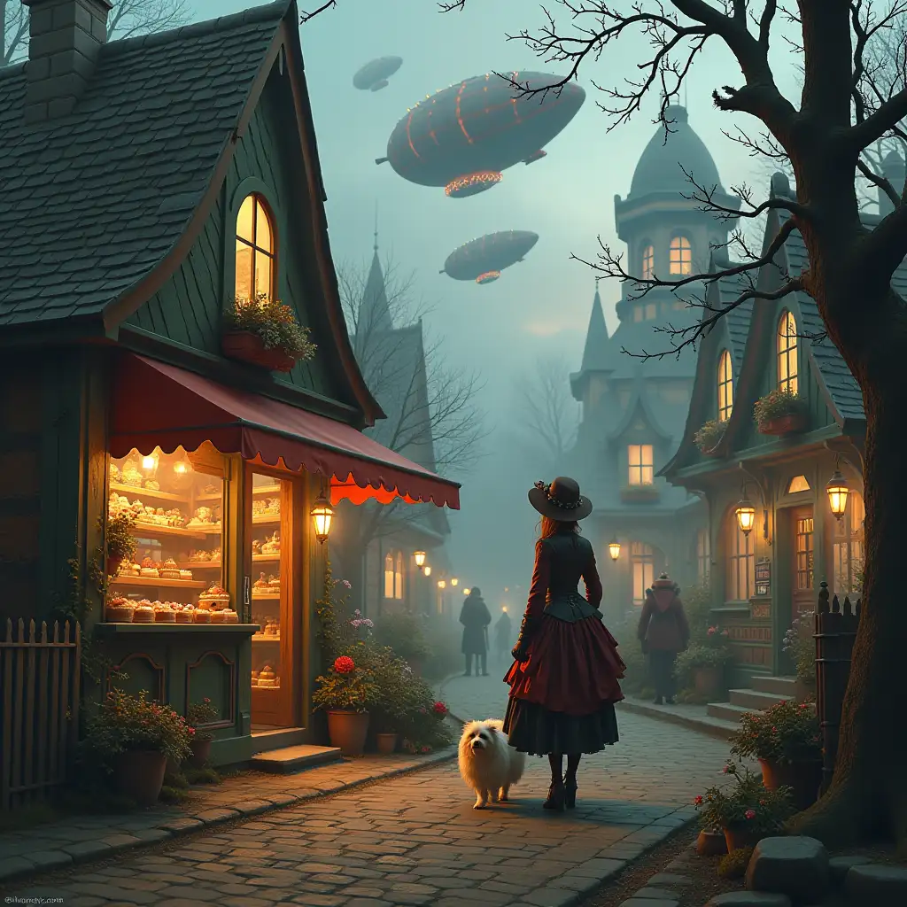 A captivating ultra-high definition photograph of a steampunk-dressed woman walking her Shetland Sheepdog through a quaint, Victorian-inspired village. She is approaching the Witch's Cake Shop, a charming, gothic-style bakery with intricate detailing and a mysterious aura. In the background, there are a few other steampunk characters, and the sky is filled with intricate airships. The scene is filled with appetizing cakes and pastries, with a warm, golden glow emanating from the bakery.