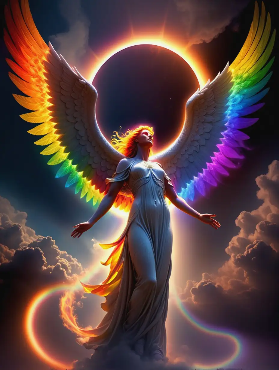 Mystical Angel Soaring Through Eclipse with Rainbow Glow