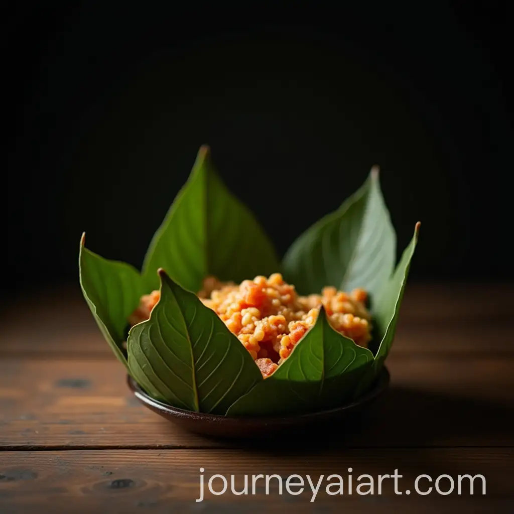 Photorealistic-Food-Wrapped-in-Leaves-on-a-Table-with-Dark-Background