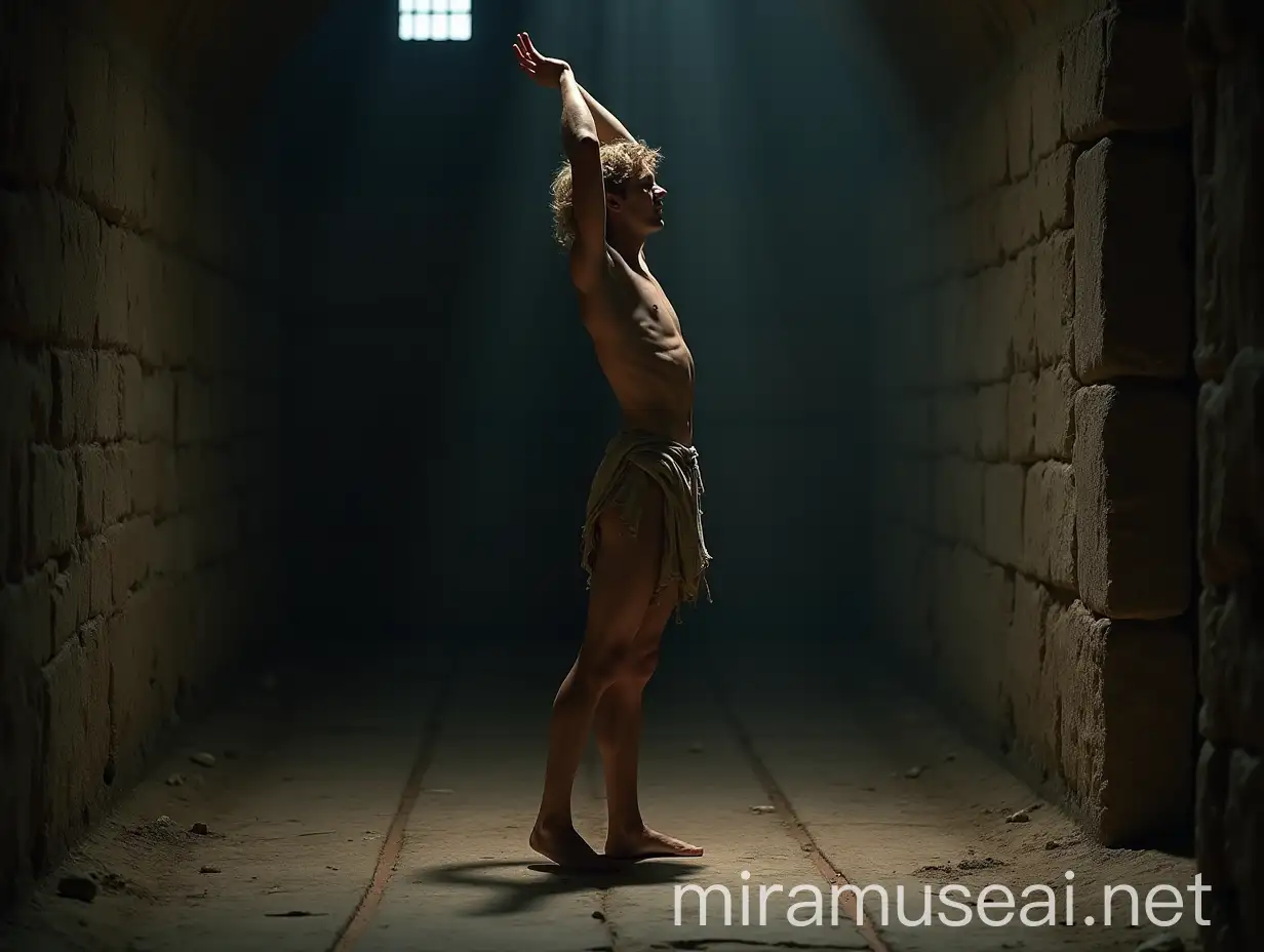 A low angle, full body shot of an extremely lean, handsome young man, about 18 years old, standing barefoot on his toes on a cold, dirty stone floor in a dimly lit, wide ancient vault. His body is positioned to the left, showing his right side, his head bowed humbly, gazing at the floor, his long, tousled hair unkempt. His slender, delicate frame glistens with sweat. He wears a ragged, torn and ripped loincloth, thin with age, barely covering his dirty body. His expression is desperate, begging and fearful, accentuating his vulnerability. He stretches his arms out, above his head, as much as possible crossing his wrists high up in the air. His lean body maximally stretched out. The damp prison walls, thick with dust, dirt, and cobwebs, heighten the oppressive atmosphere. Faint light filters through a small grated window, casting dramatic shadows across the scene. The dramatic interplay of light and shadow focuses on extreme realism, capturing the suffering of the young man and the harshness of his environment, with vivid colors and meticulous attention to every agonizing detail. Shot with a Nikon Z7 II, 50mm f/1.4 lens, shallow depth of field.