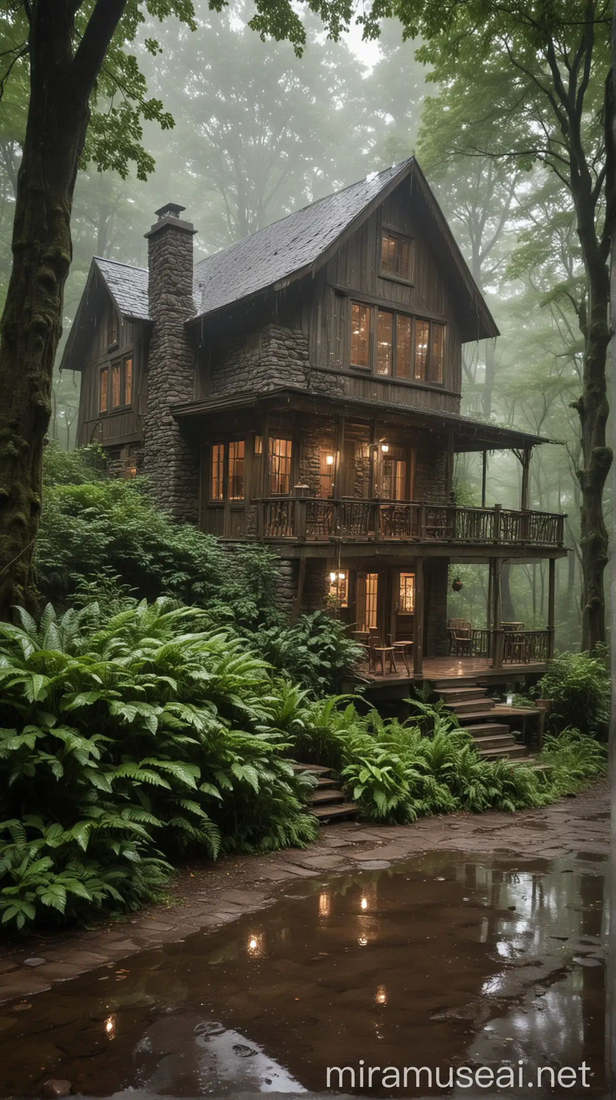 Serene Wooden House in Lush Forest After Rain