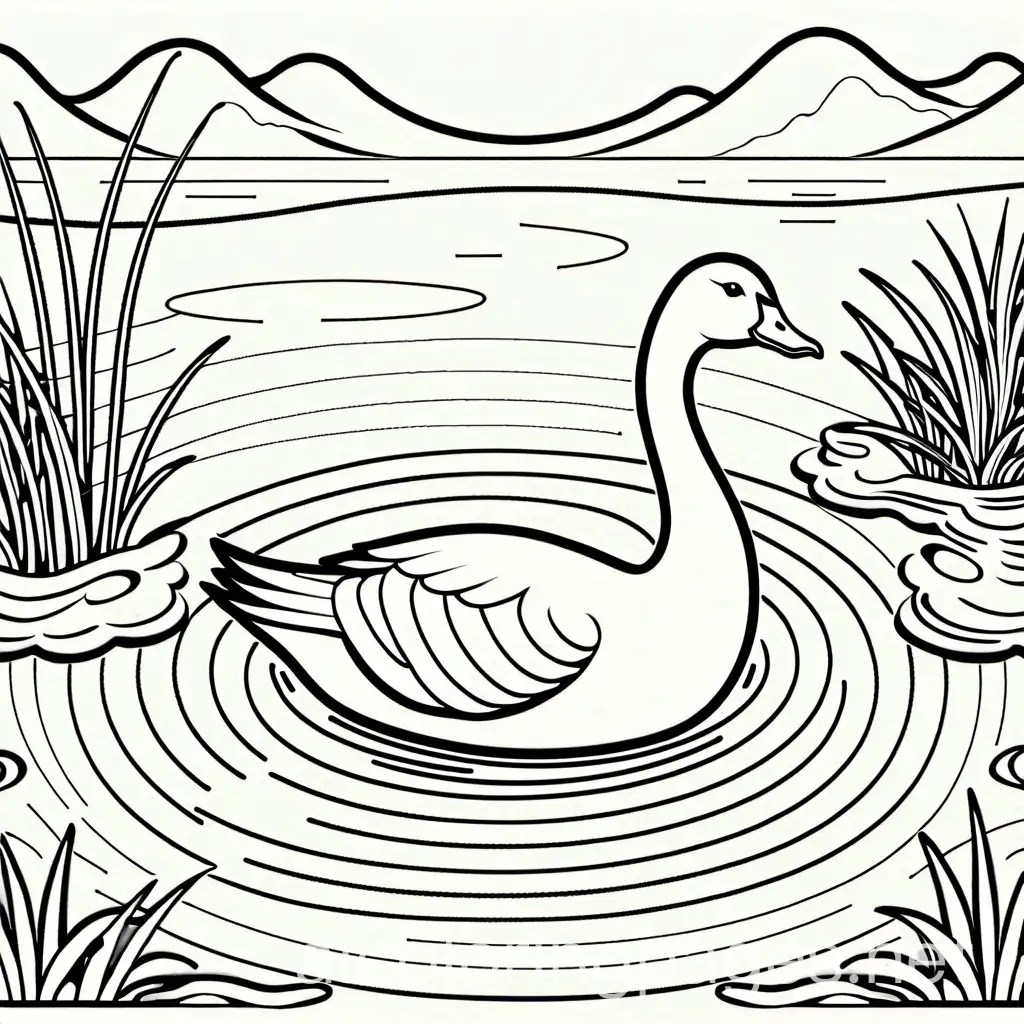 goose in a pond, Coloring Page, black and white, line art, white background, Simplicity, Ample White Space. The background of the coloring page is plain white to make it easy for young children to color within the lines. The outlines of all the subjects are easy to distinguish, making it simple for kids to color without too much difficulty