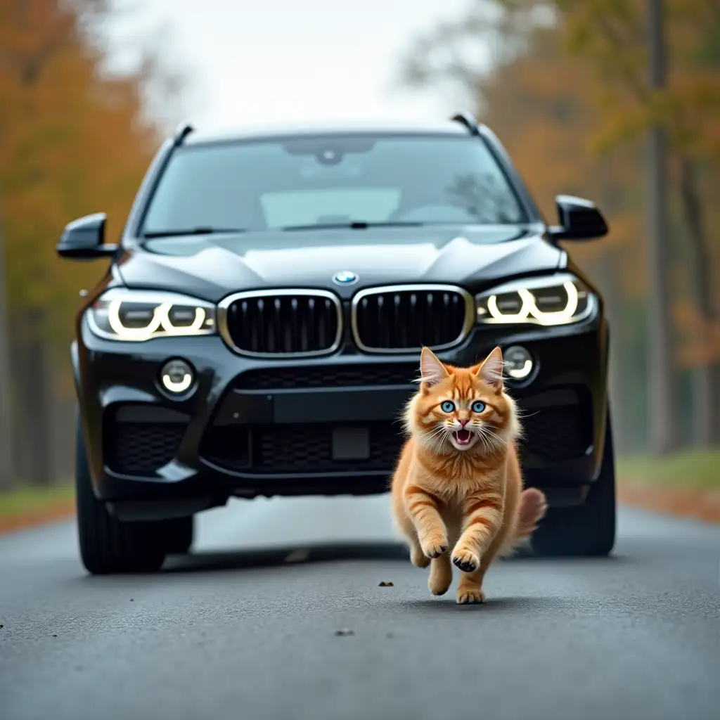 A large, tinted glass, black BMW X5M chases a fluffy red cat with blue eyes, who runs away in fear along the road, picture