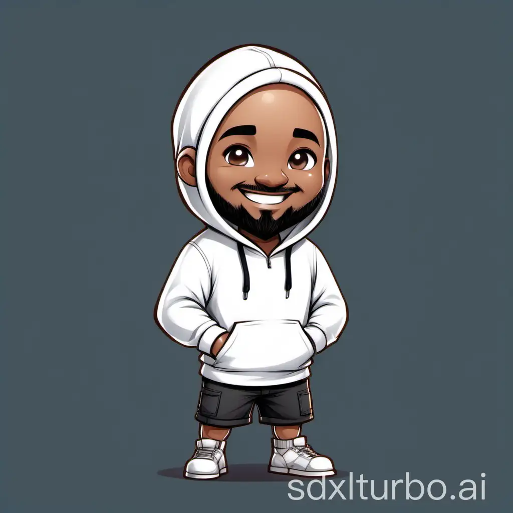 Image of a Chibi style brown-white-skinned male software developer with dark eyes, a bald hairstyle, a round face, and a light beard, standing straight with hands inside the hoodie pocket and wearing a white hoodie and Black shorts. Smiling.