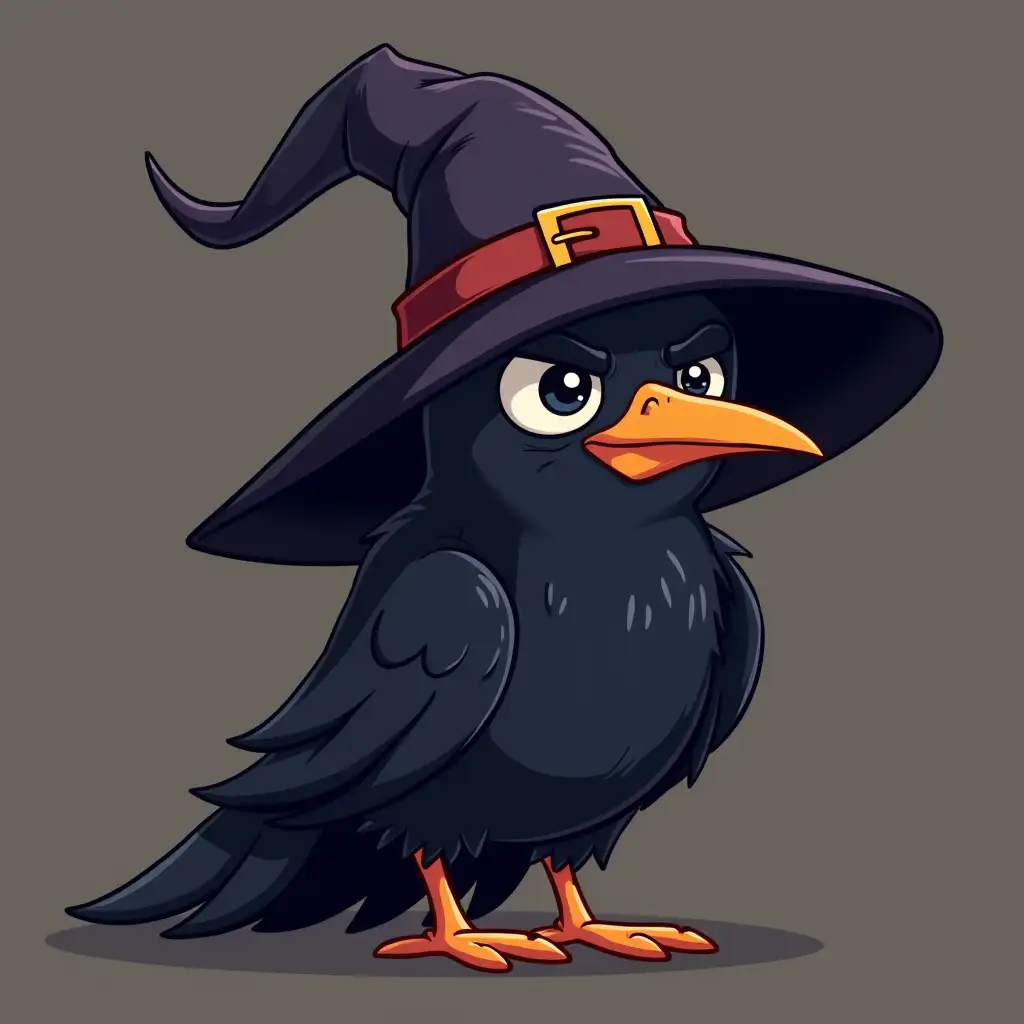 emotionless cartoon raven with a witch hat