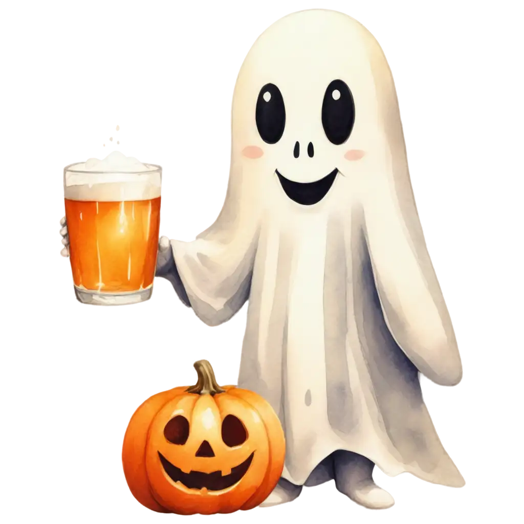 Watercolor-Illustration-PNG-Cute-Friendly-Ghost-with-Frothy-Beer-Glass-and-JackoLanterns