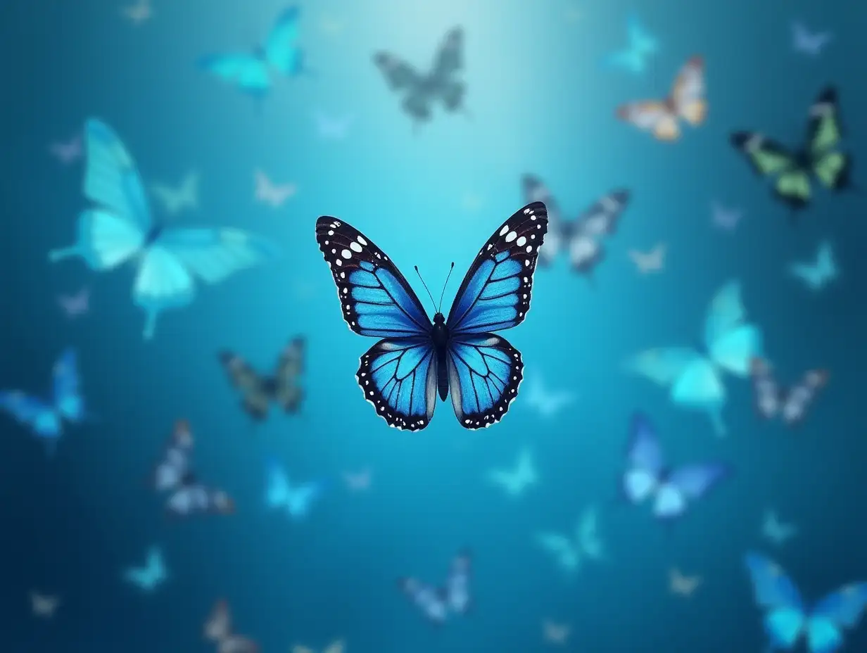 very small butterflys use blue theme with so so many colors and flying  on screen with video  wihte background in png format