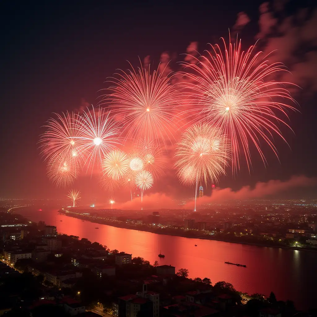 Chinese Lunar New Year fireworks fill the sky (Image contains Chinese subtitle ‘Happy New Year 2025’)