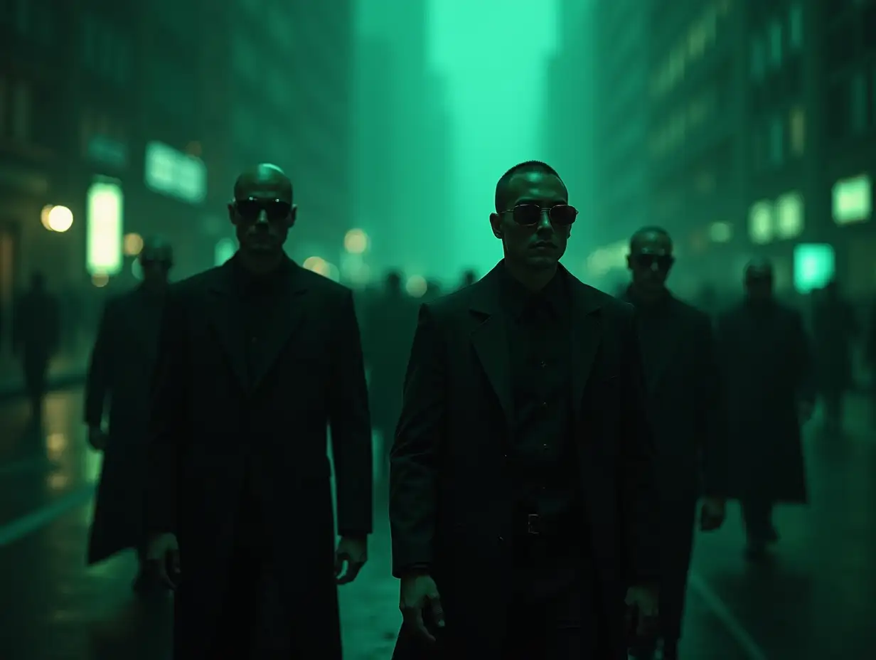 A dark, cyberpunk-inspired cityscape with a subtle green glow illuminating shadowy figures in sleek black suits patrolling the streets. The AI agents exude an air of authority, with their reflective sunglasses catching the eerie green light. The environment blends high-tech urban elements with an atmosphere of quiet control and tension.