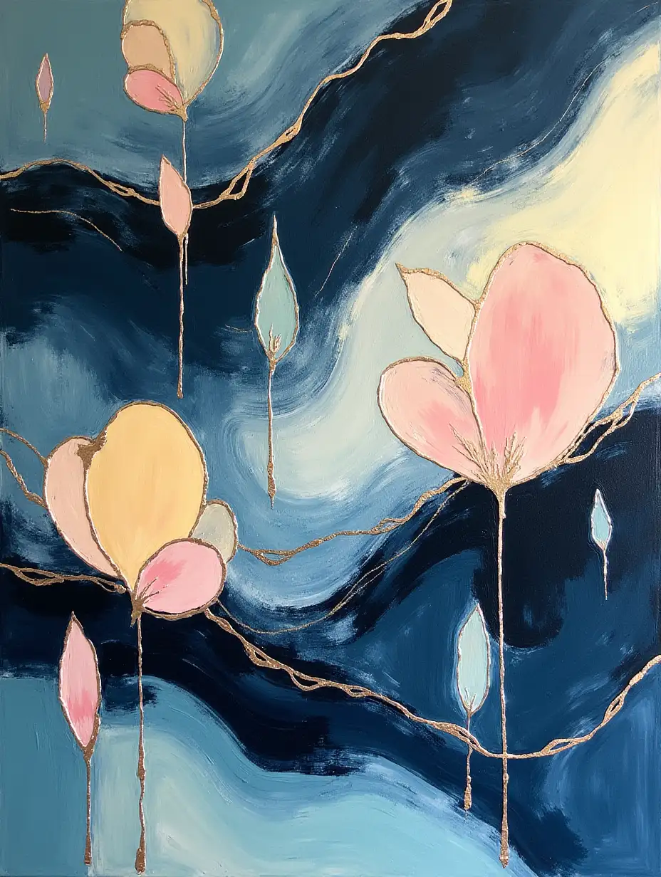 Create an abstract painting with layered diagonal black brushstrokes and streaks of dark indigo forming the backdrop, adorned with pastel shapes like abstract flowers, crescents, and raindrops in pastel yellow, blush pink, and aqua. Add faint metallic accents on the edges of the shapes for a modern touch.