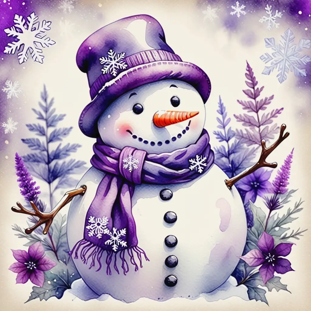 Vintage Watercolor Snowman with Purple Hat and Winter Flowers