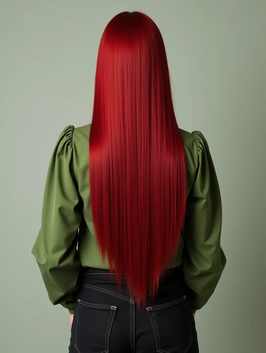 A women with green blouse, black jeans, and super long silky shiny straight red hair on the back (classic length)