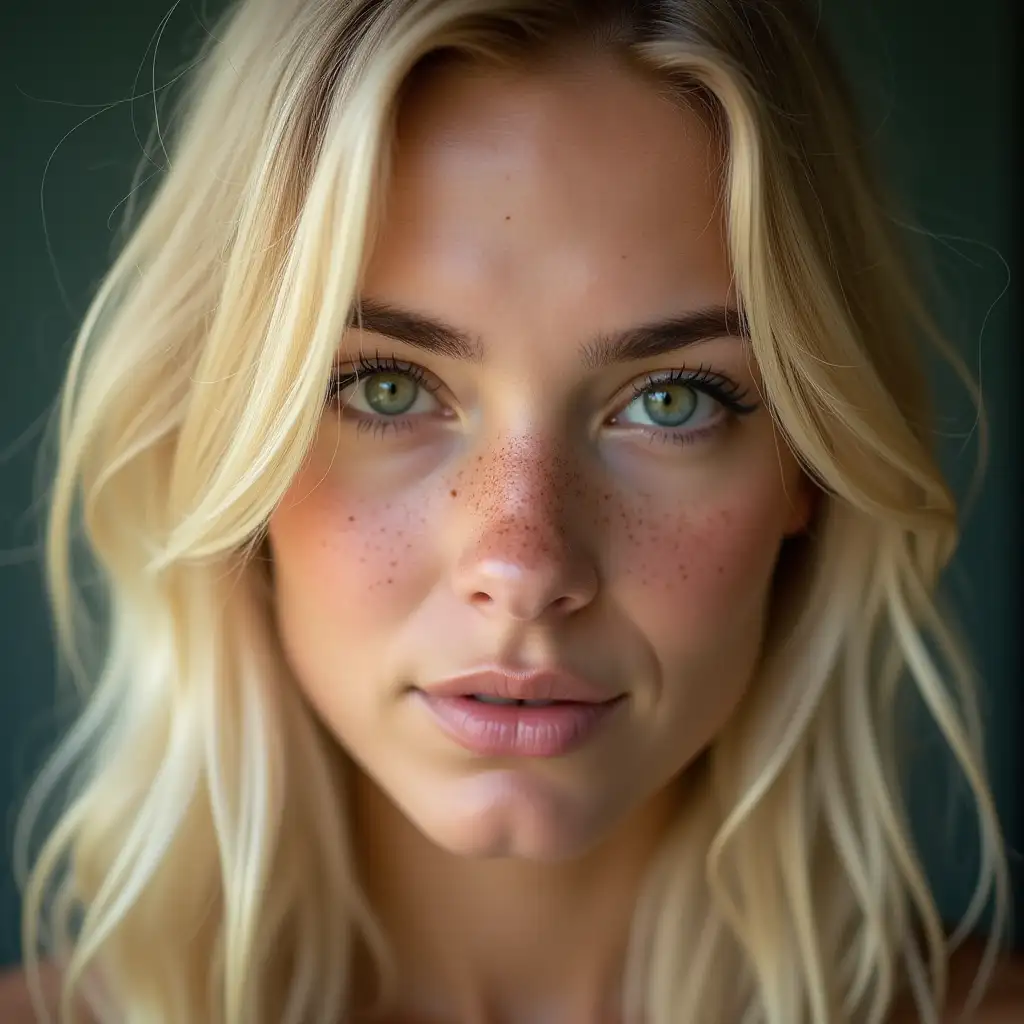 beautiful blonde woman with green eyes and freckles.