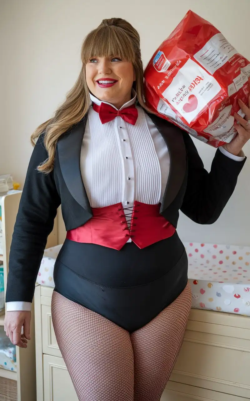 sweet very beautiful smiling middle aged huge fat obese with large wide huge hips Caucasian woman, with long blonde pulled back hair with bangs, standing facing forward wearing a very formal concert tuxedo with black long sleeve cropped Eton jacket, white wing tip tuxedo shirt with pleated front, scarlet red adjustable neckband diamond point bow tie, scarlet red cummerbund, black tight high cut cotton leotard bottom with elastic waistband, nylons, holding large scarlet red and white plastic package of Huggies for Him Adult Size while standing next to a changing table with a stack of plastic disposable diapers in a nursery, full body front view